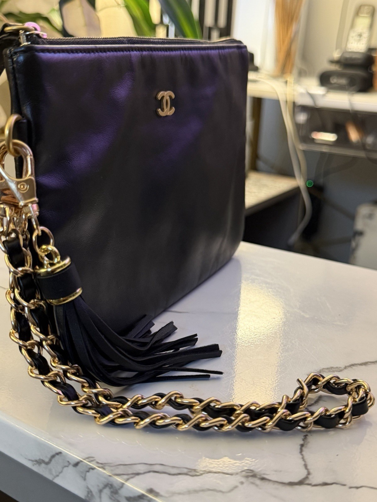CHANEL Black Quilted Zip Clutch Wrist Strap Chain Tassel Gold CC Logo