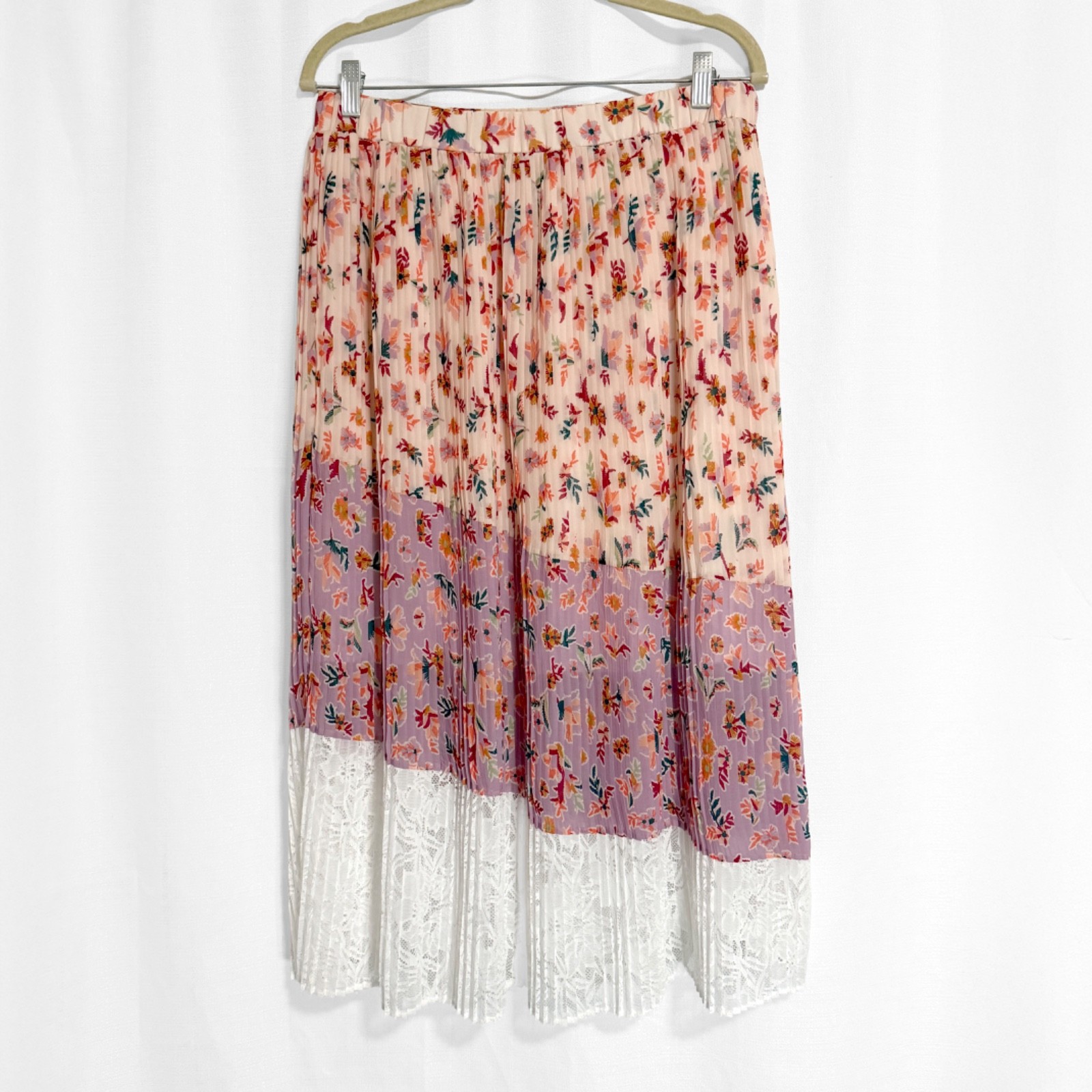 Anthropologie LAIA Mixed Pattern Floral and Lace Pleated Midi Skirt Size Large