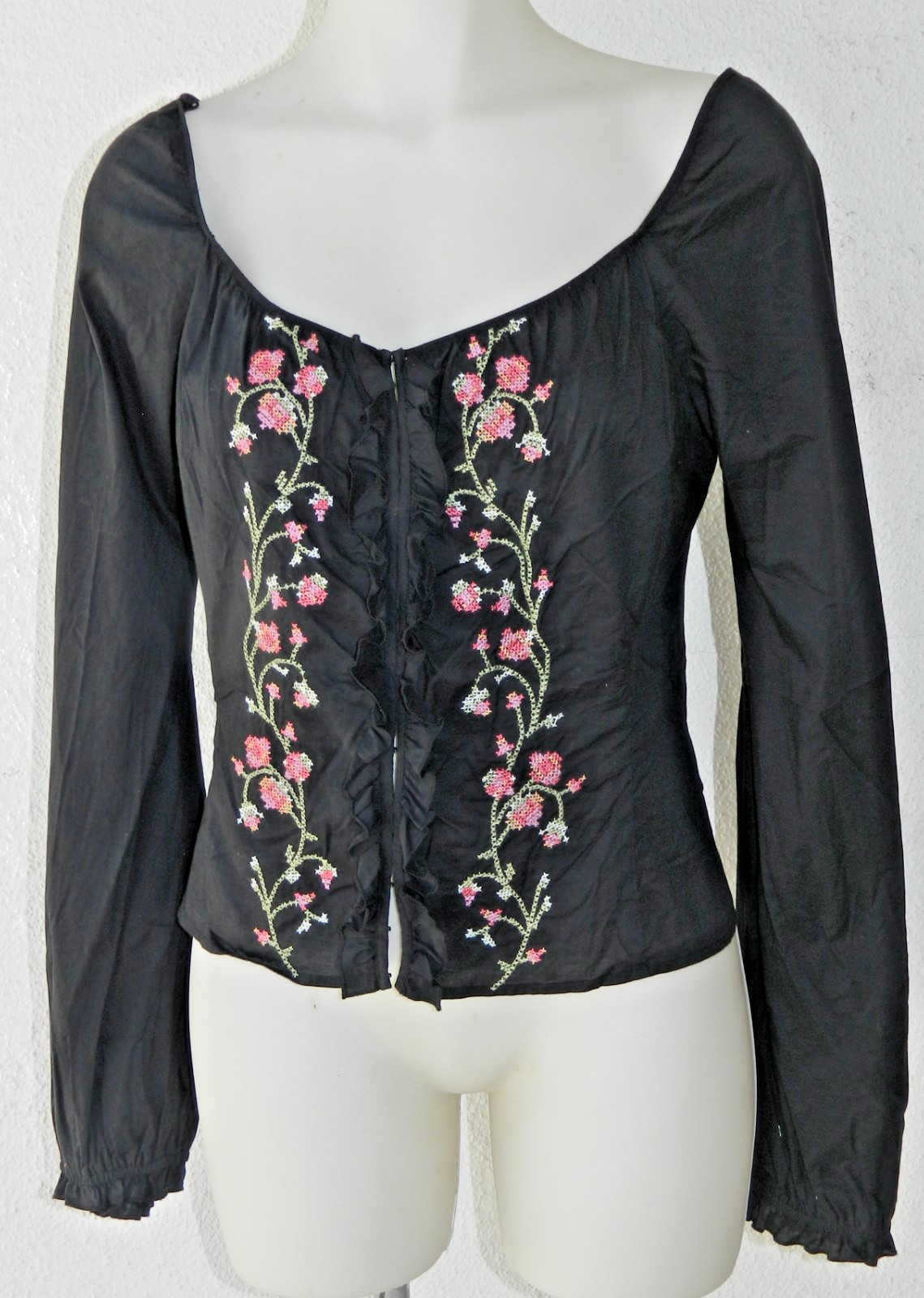 Hippie LAUNDRY by Shelli Segal Black Embroidered Peasant Style Top Size 6 BO-HO