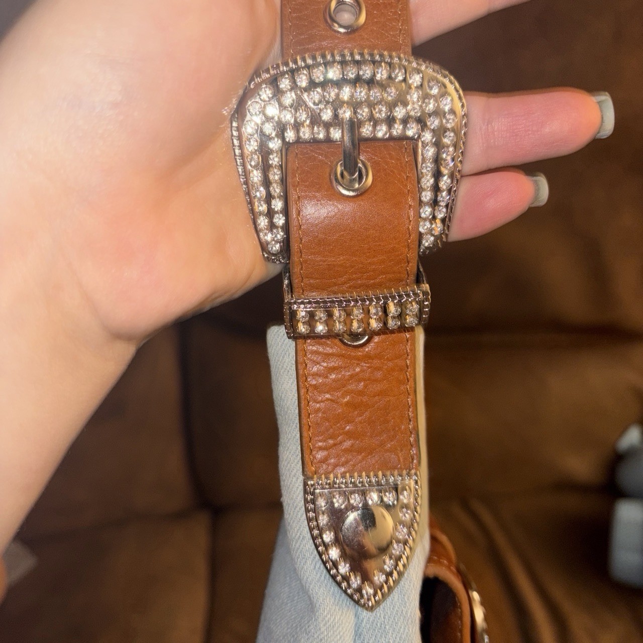 Charm and Luck Blue Brown Shoulder Bag, Zip, Rhinestone Buckle, Pockets