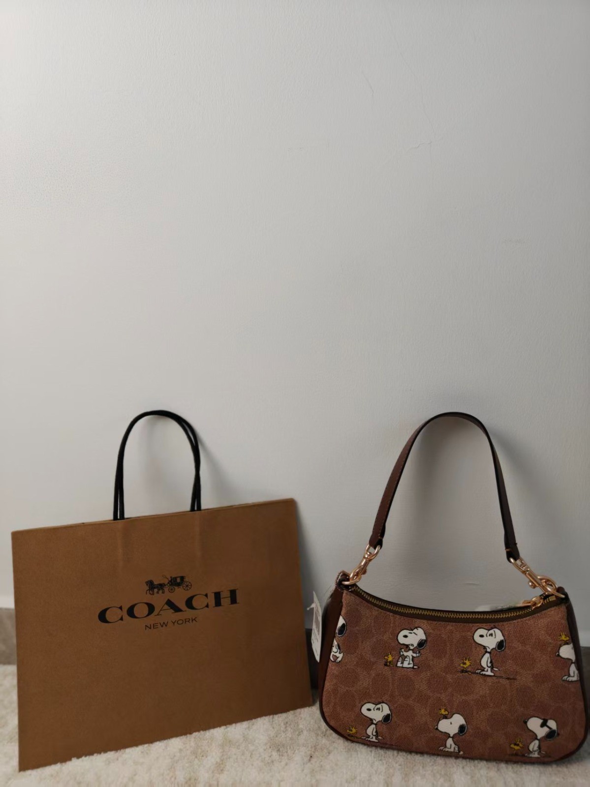 COACH x PEANUTS Teri Shoulder Bag Tan Brown Snoopy Print Signature Canvas CBJ88