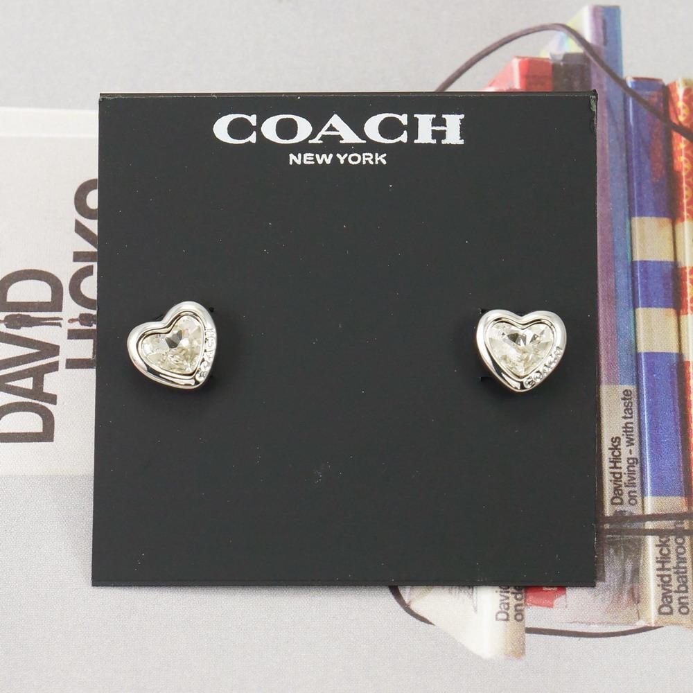 NWT Coach Stone Heart Stud Earrings Clear Silver Tone