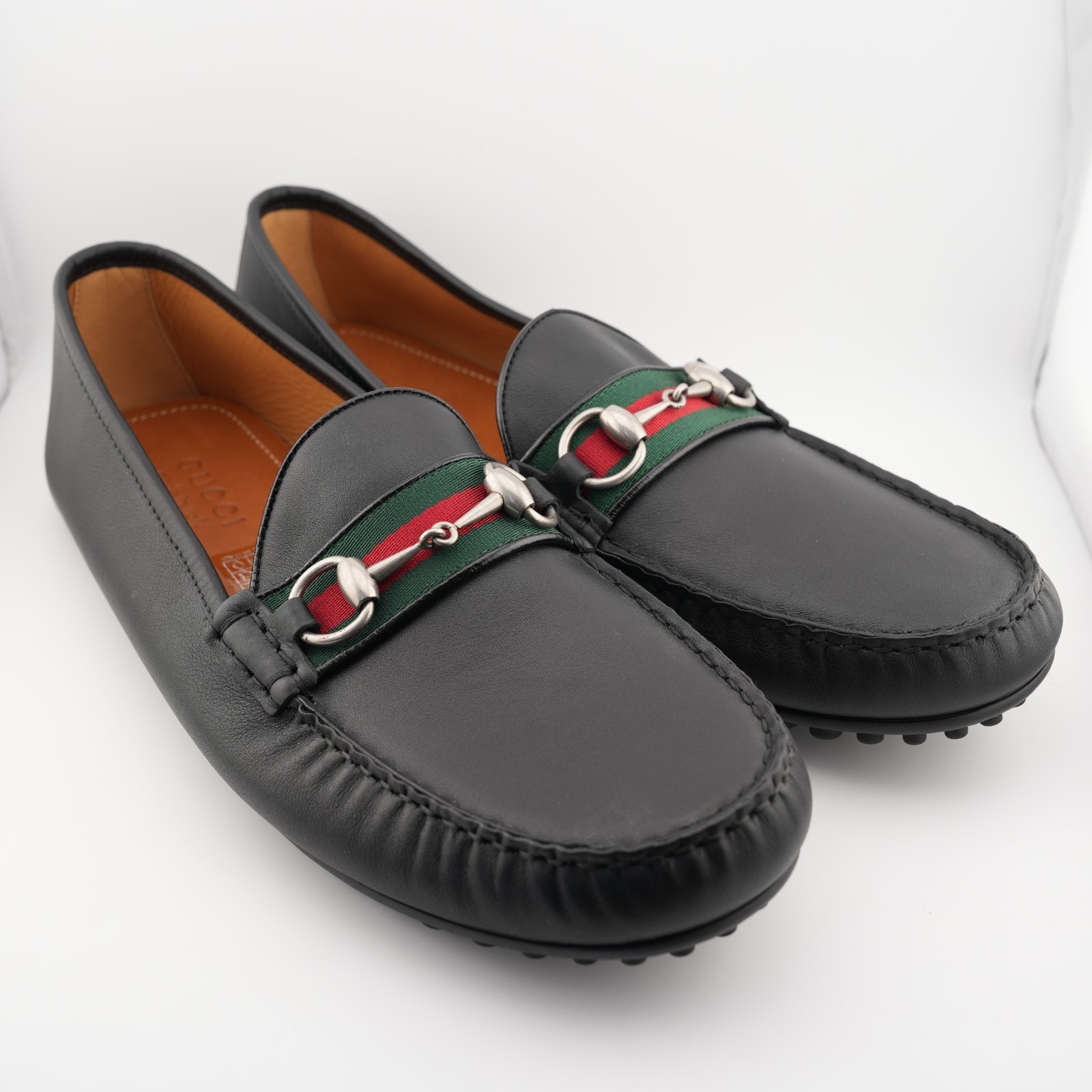 Gucci Black Leather Web Horsebit Loafers Men 11 US