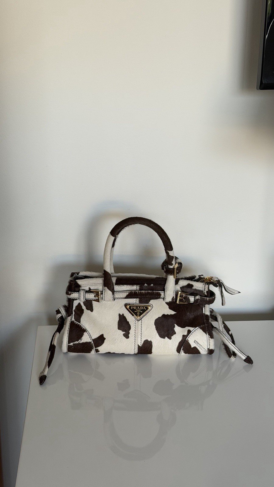 PRADA Cow Print Satchel Top Handle Bag w/ Detachable Adjustable Strap Zip