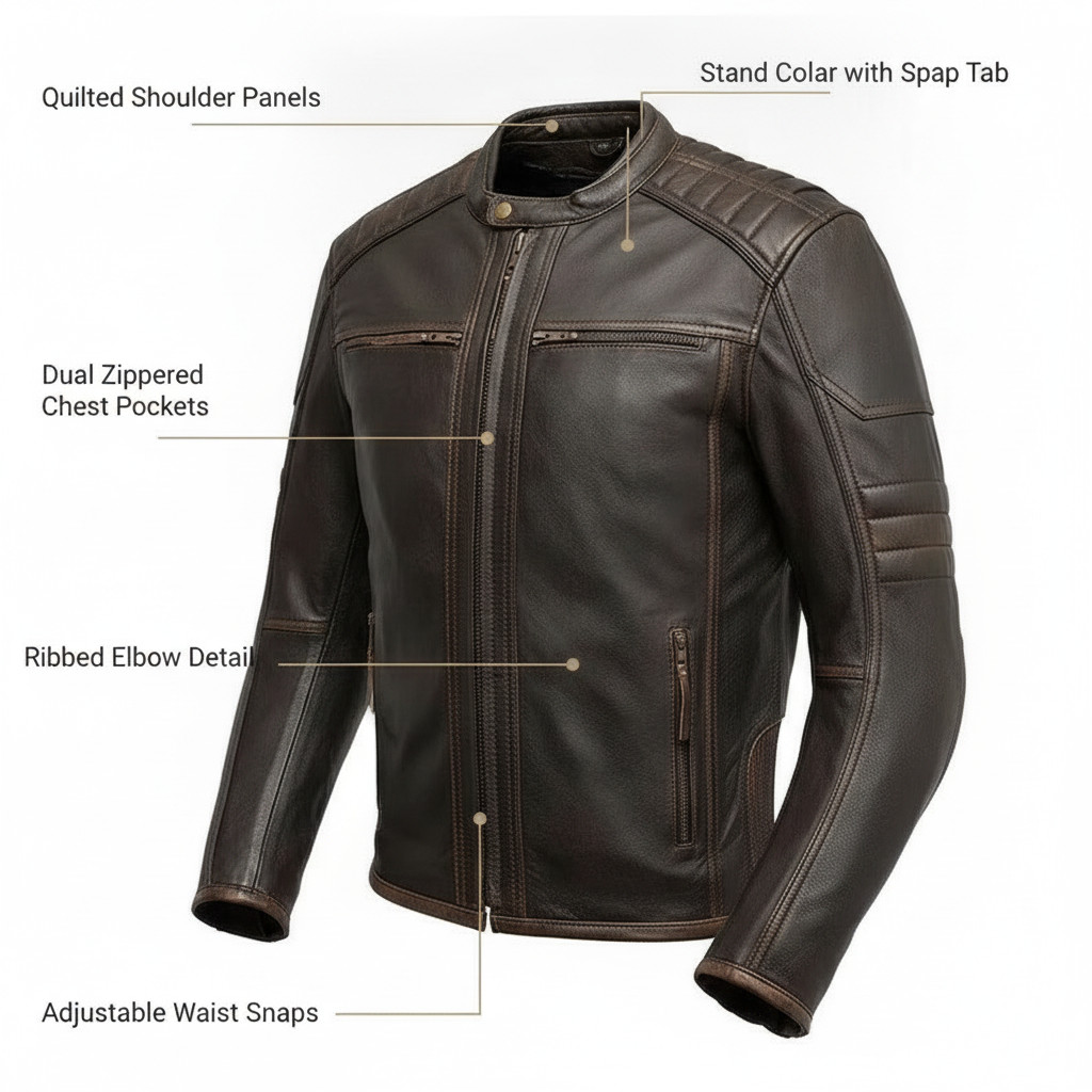 Men’s Distressed Brown Real Leather Motorcycle Biker Jacket Cafe Racer Vintage