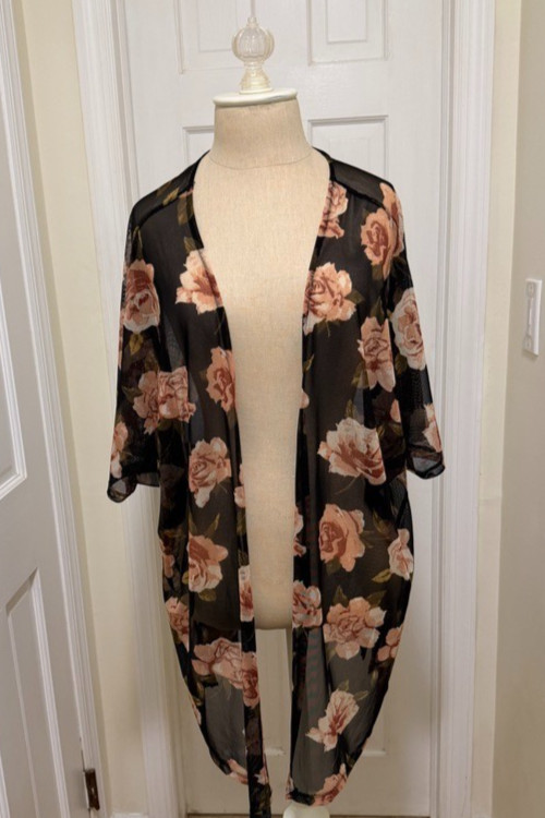 Heart Hips Floral Sheer Kimono Open Front Boho Black Pink Roses (Small)