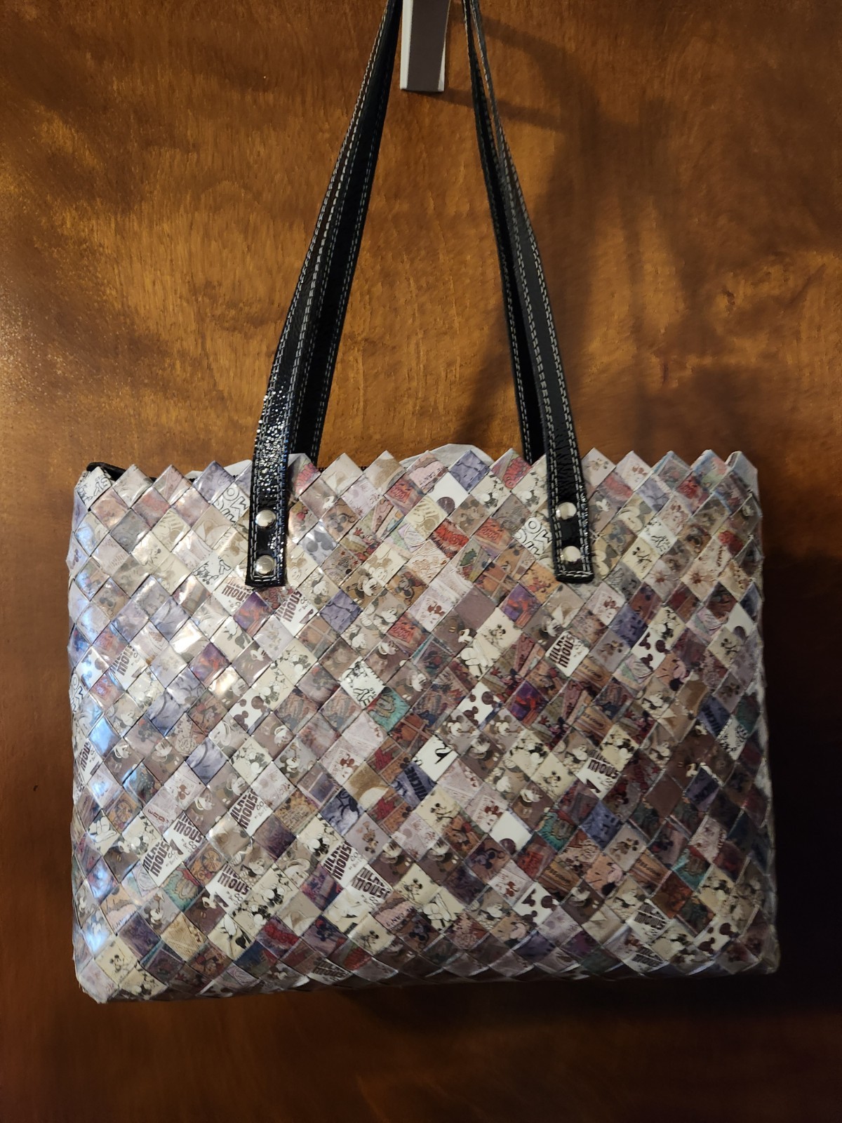 Nahui Ollin Mickey Mouse Multicolor Woven Tote Zip Top Black Double Handles