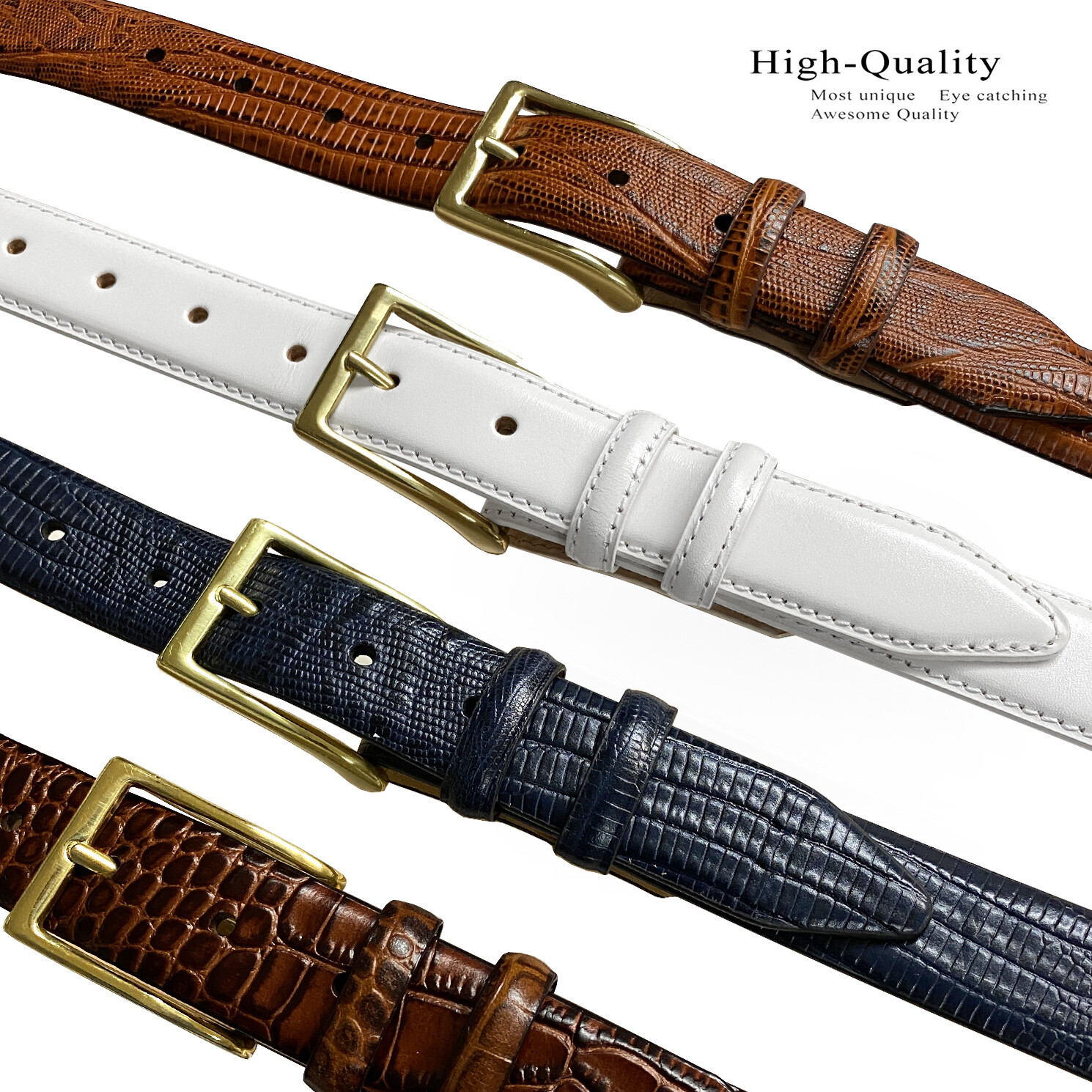 Adam Gold Buckle Italian Calfskin Genuine Full Leather Dress Belt 1-1/8″ Wide