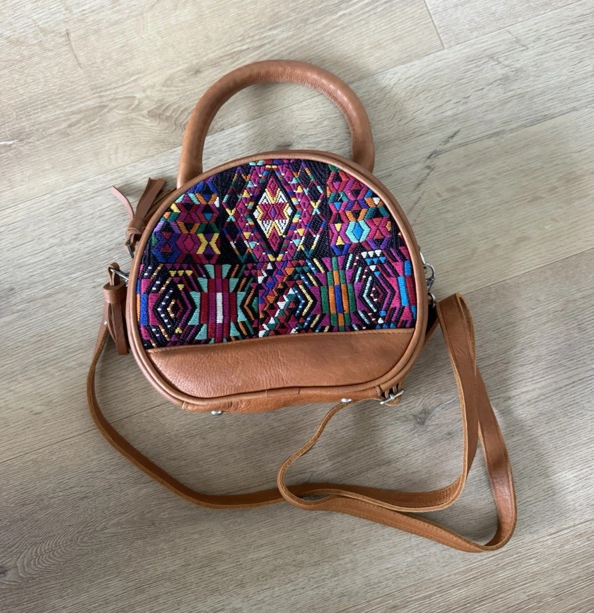 Women’s Brown & Multicolor Geometric Boho Small Half Moon Crossbody Zip Bag