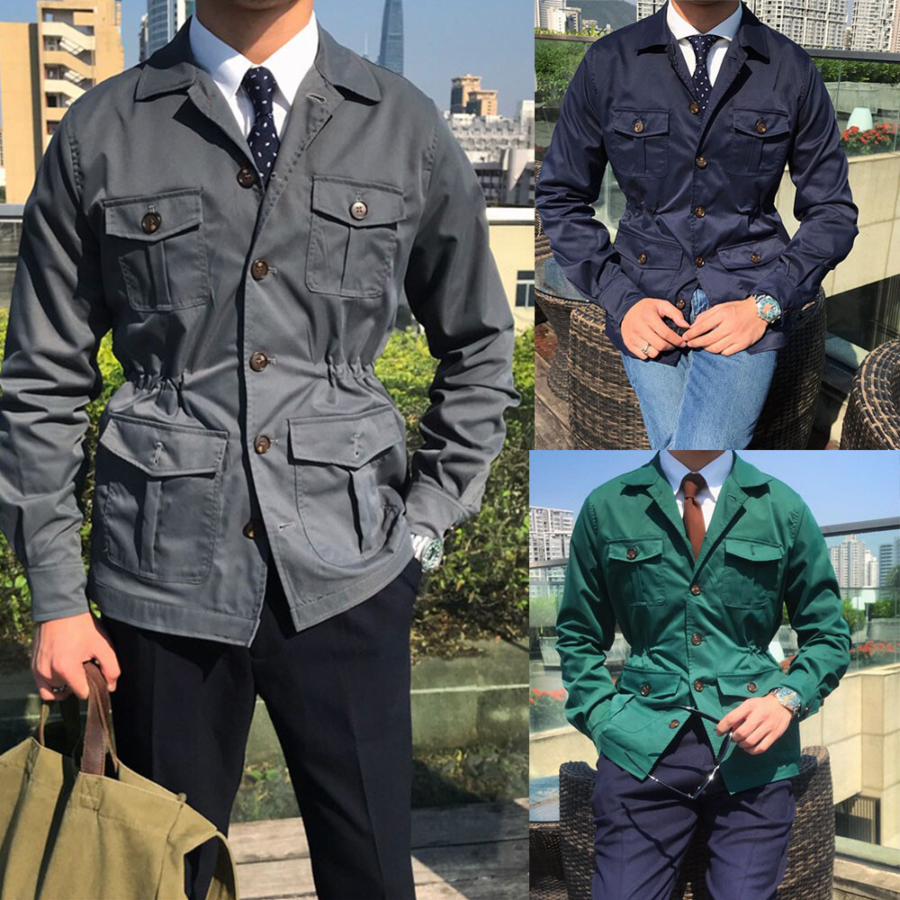 Vintage Safari Jacket Men Casual Hunting Coat Four Pockets Slim Fit Plus Size