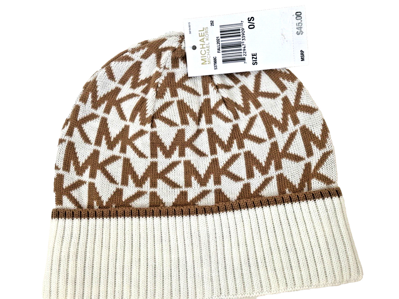 Michael Kors bordered MK Log Cuff Beanie Hat Camel White $45 New
