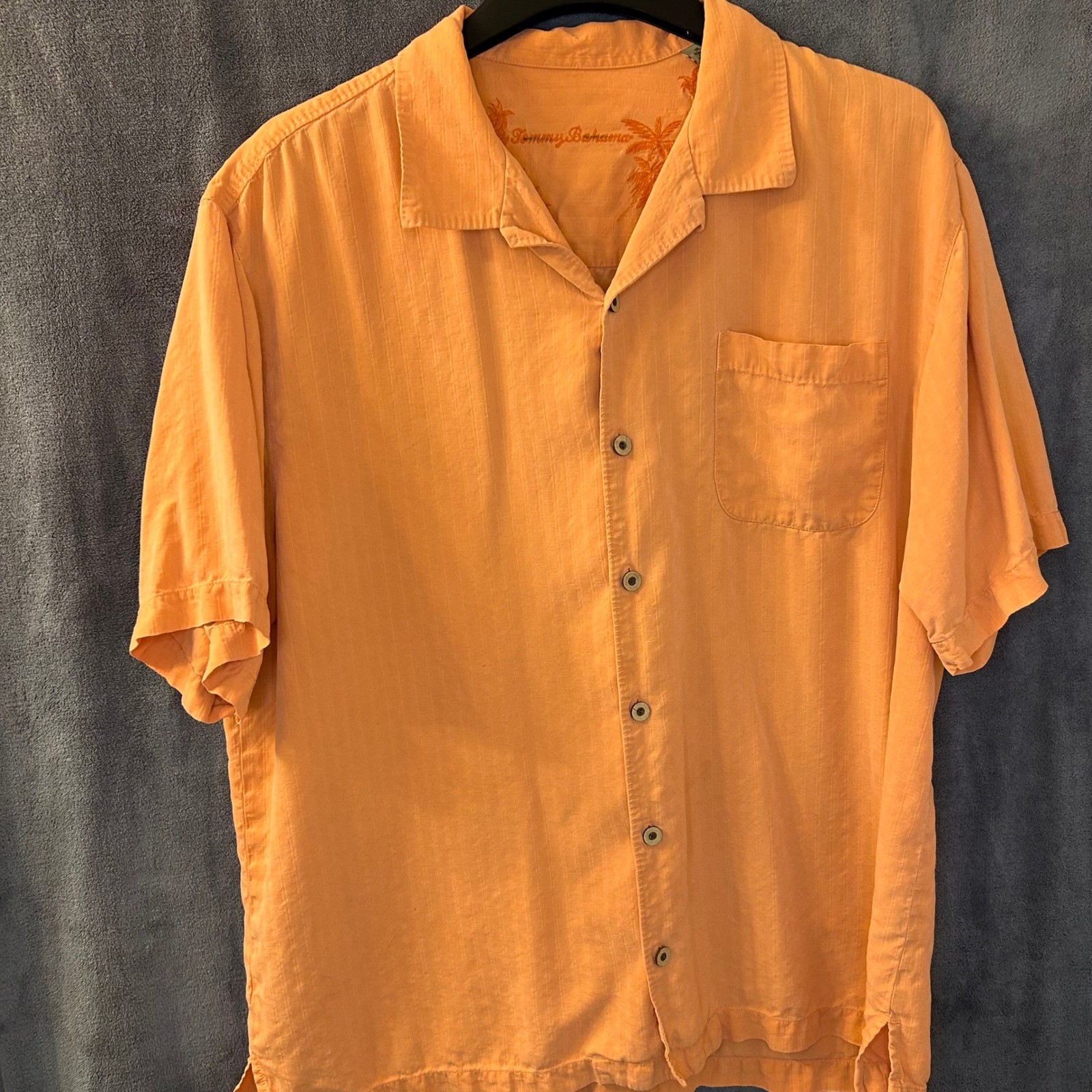 Tommy Bahama Silk Camp Shirt Mens XL Peach Embroidered Palm Trees Pineapple