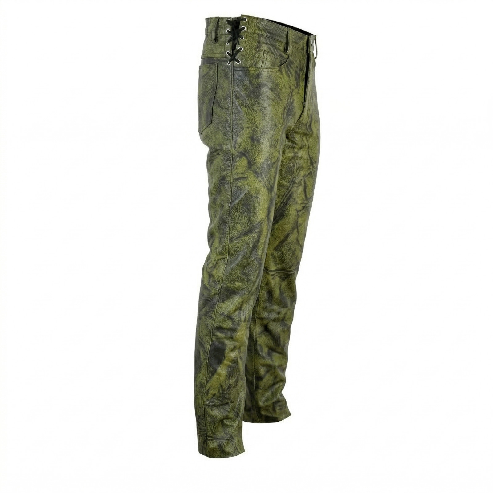 Hand Waxed Green Black Camouflage Look Men’s Cowhide Leather Pant Laces Pants