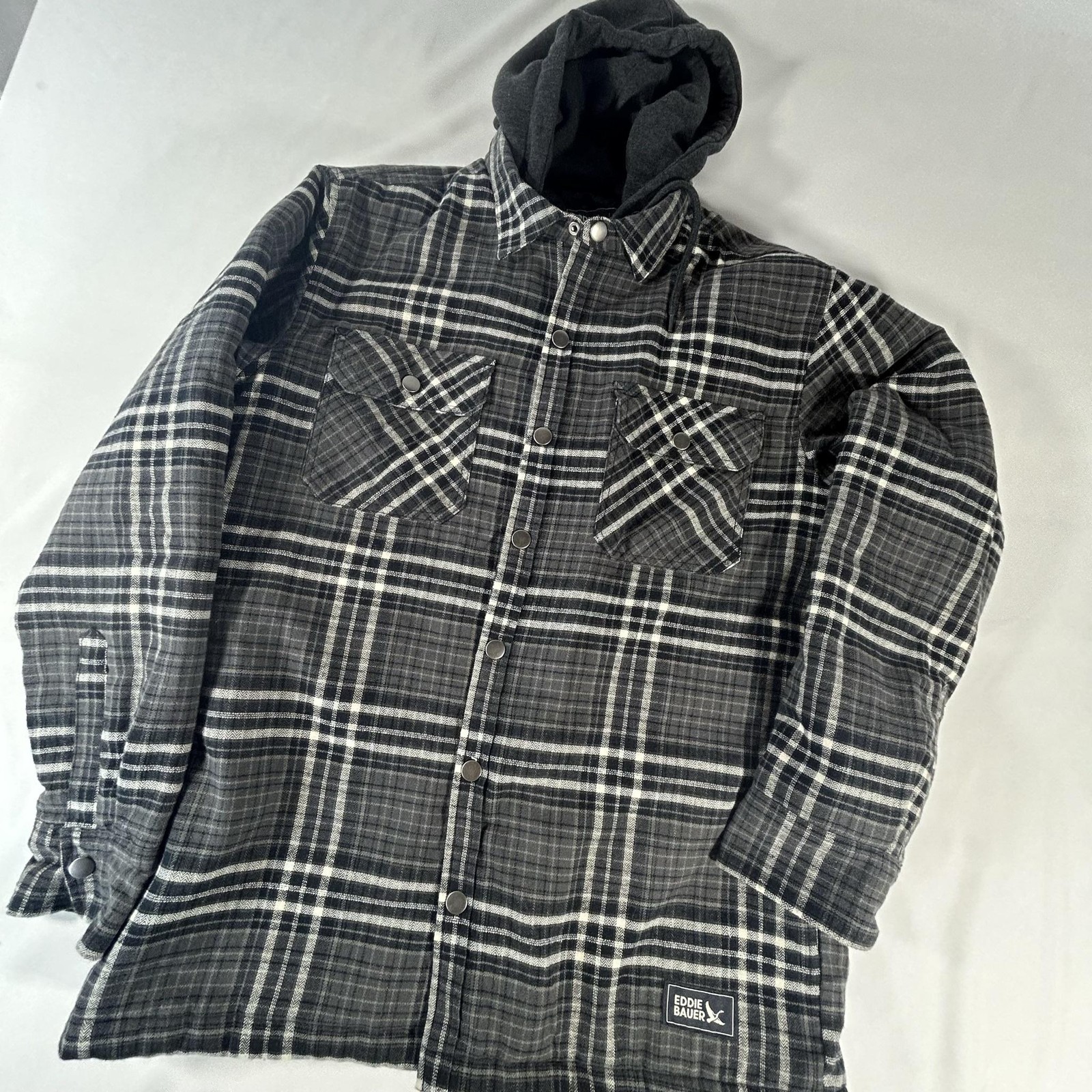Eddie Bauer Jacket Mens Medium Gray Plaid Quilted Hooded Flannel Lined Coat