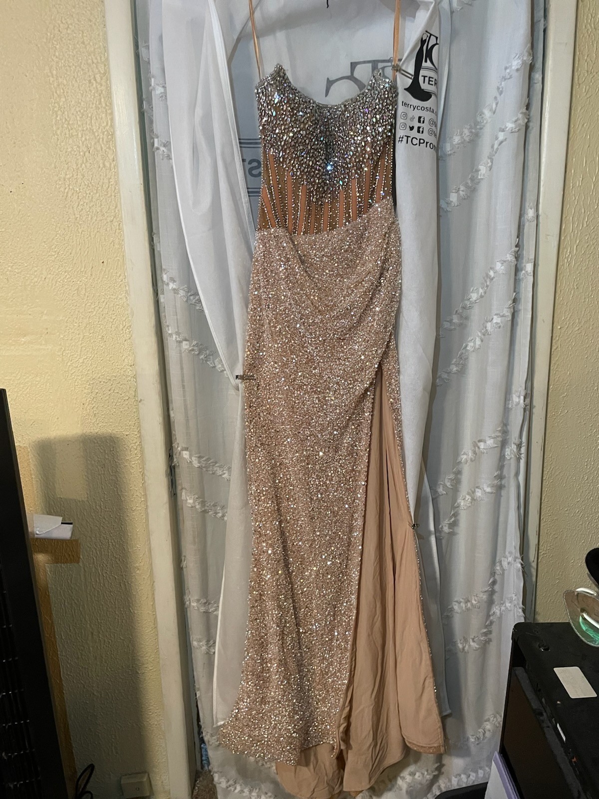 Ashley Lauren Nude, Silver Beaded, Split, Long Formal Gown Size 0