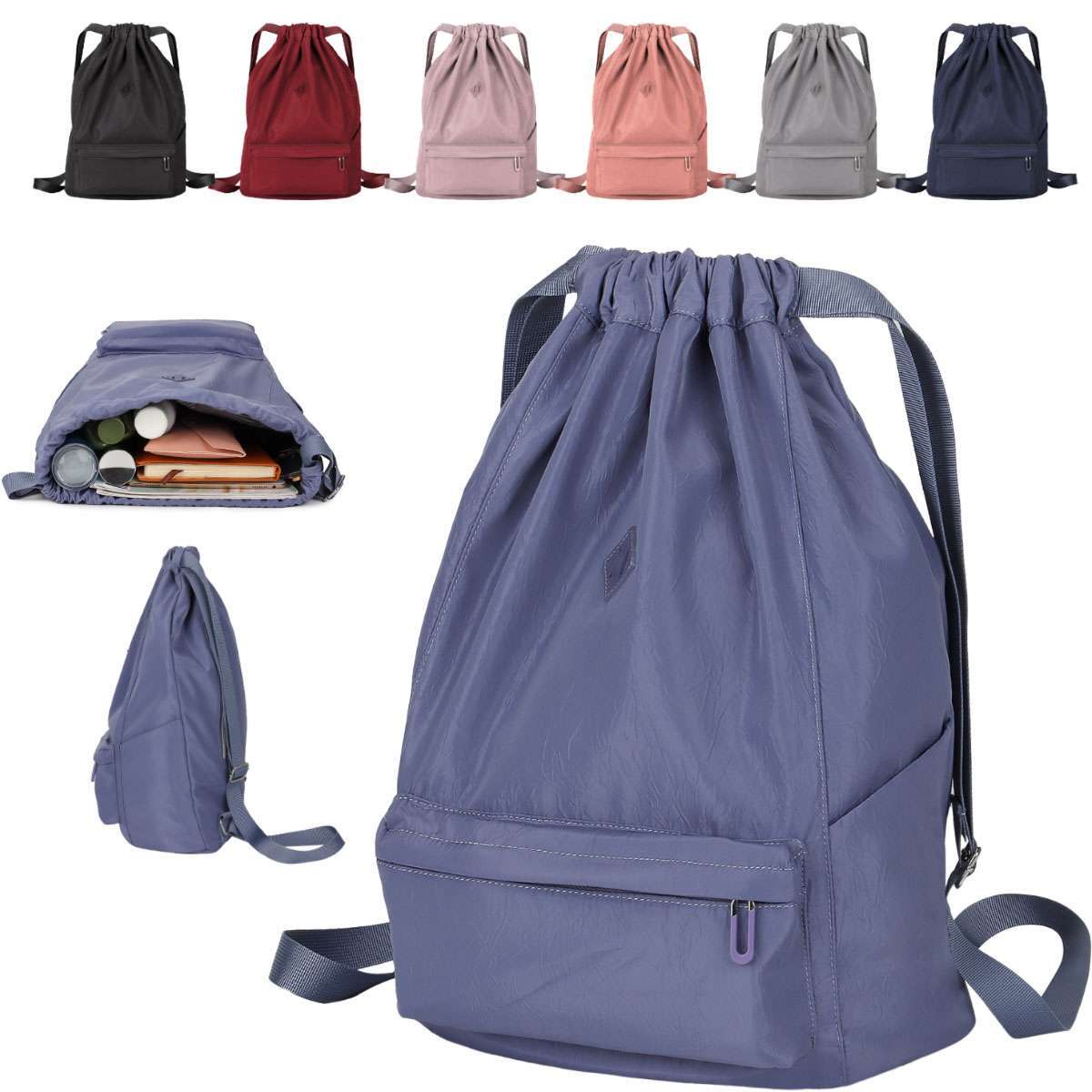Drawstring Backpack Zipper Side Pocket Sport Gym Waterproof Cinch Sack Pack Bag