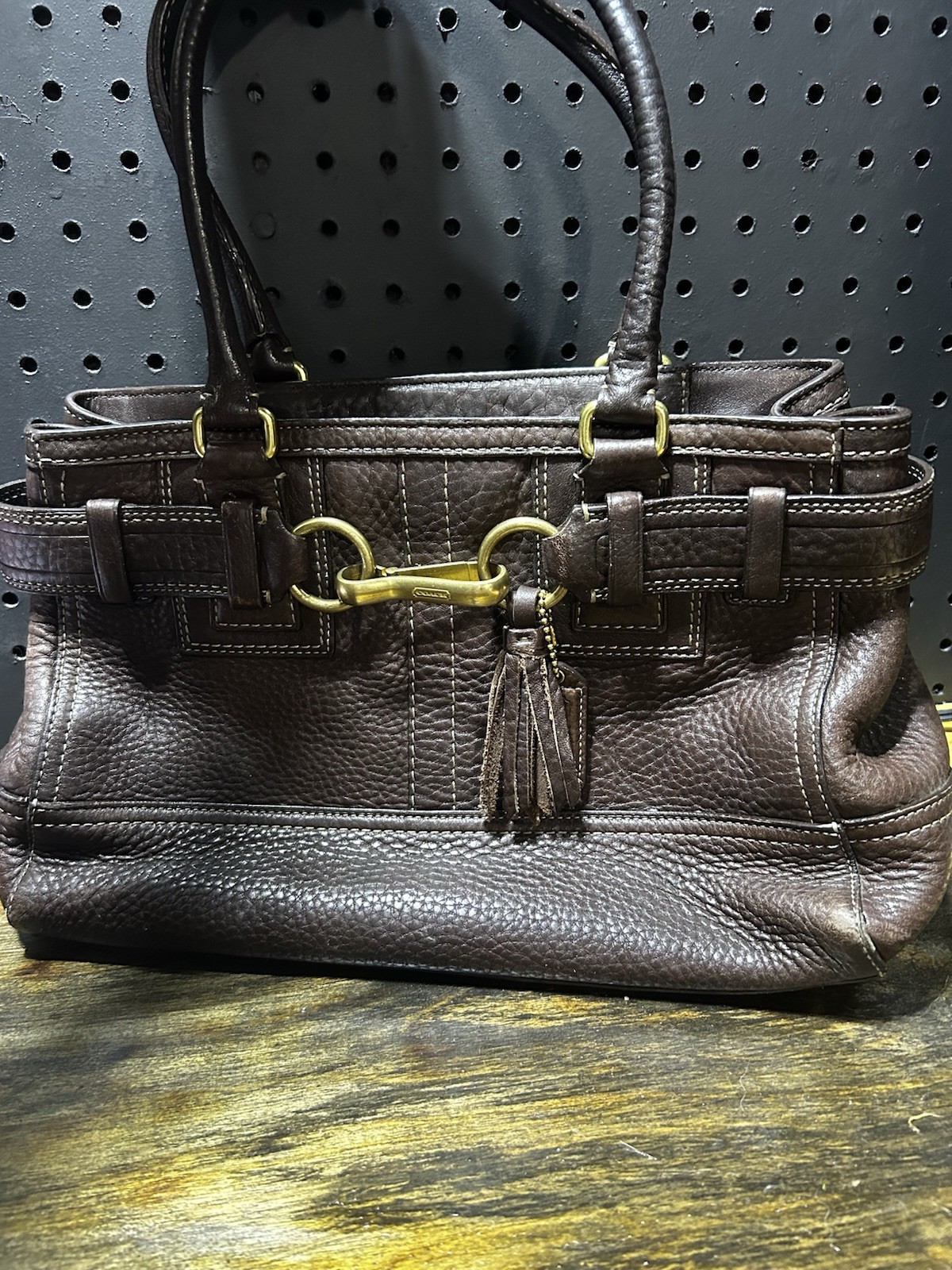 Coach Brown Pebbled Shoulder Bag Zip Lined Inner Pockets Tassel w Bag Charm