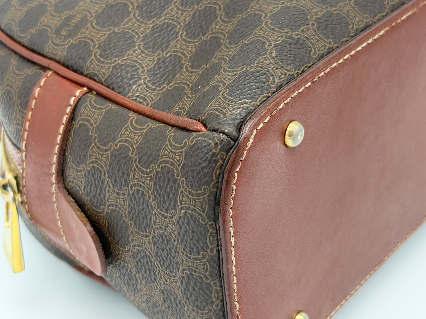 Vintage Celine Macadam Dome Hand Bag PVC Leather Brown Authentic
