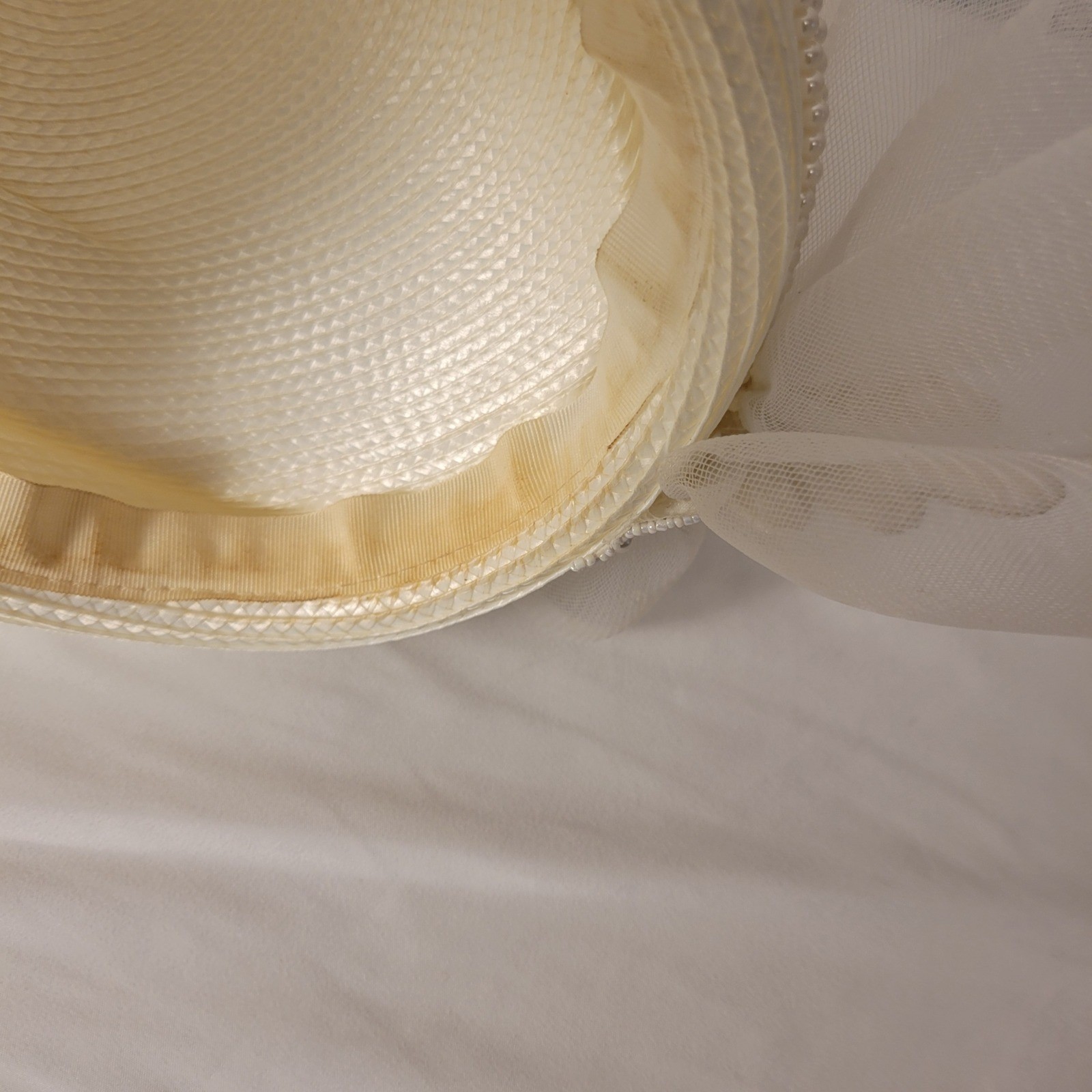 Mr. Hi’s Classic Pillbox Hat Women Ivory White Pearl Butterfly Mesh Bow Tulle