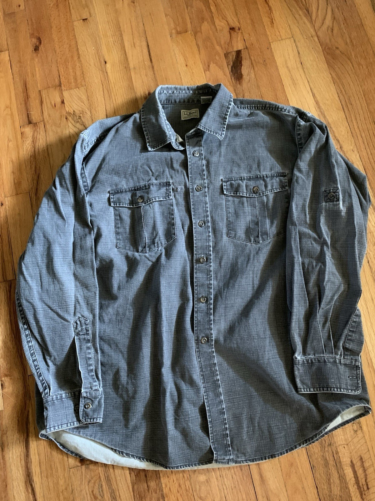 LL Bean Men’s Chambray Dark Gray Stonewash Button Up Shirt Sz XL-Reg