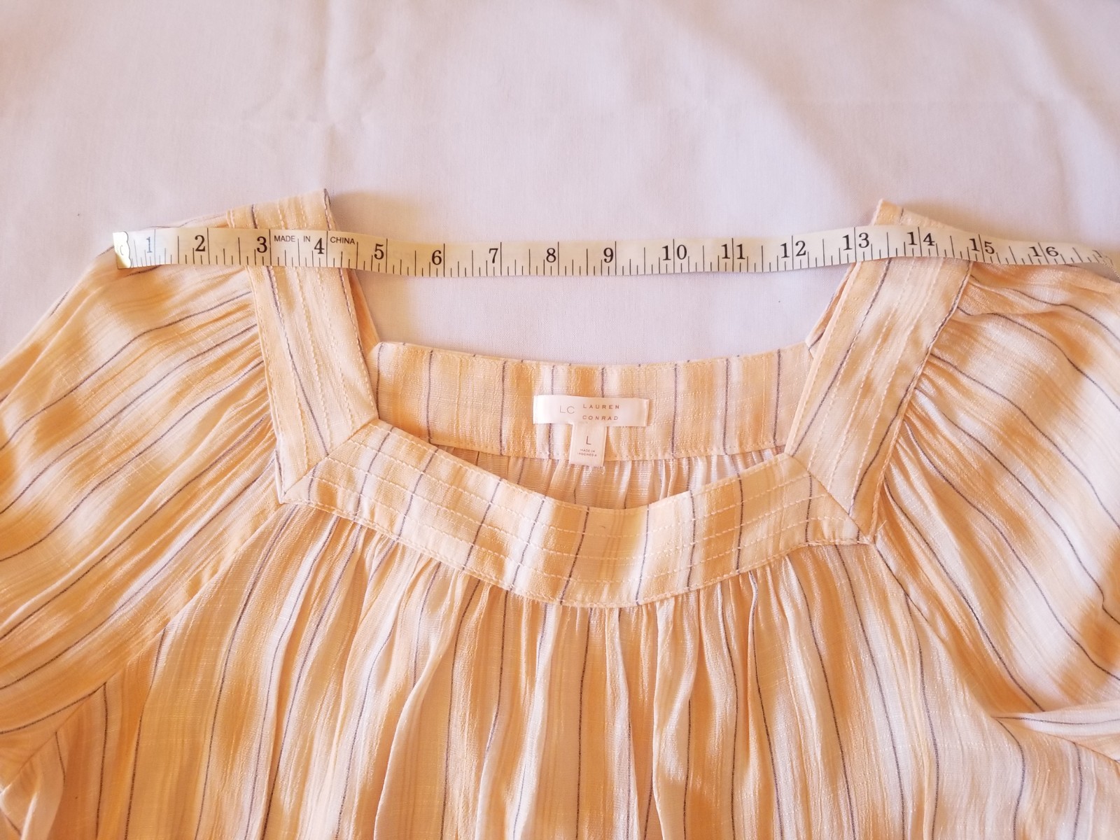 LC Lauren Conrad Peasant Blouse Peach Colored with Gray Pin Stripes Sz L Boho