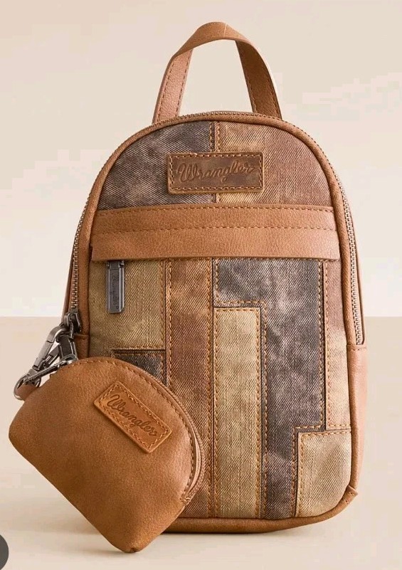 Wrangler Mini Denim Patchwork Backpack w/ Coin Purse Zip Brown Blue
