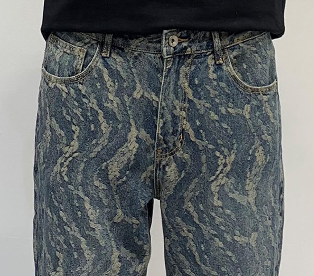 Men’s Blue Denim Jeans Straight Leg Casual Punk Hip Hop Pants Pockets Trousers