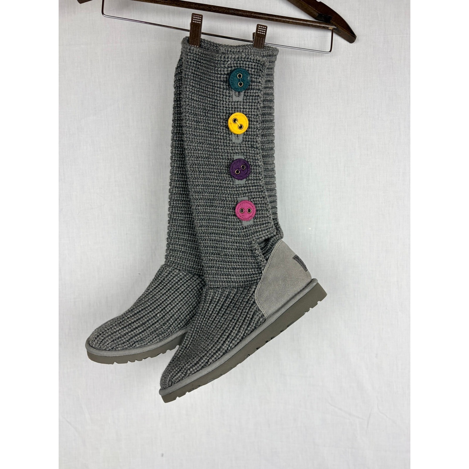 UGG Australia Womens 6 Grey Knit Tall Colorful Buttons Suede Flat Grey Boots