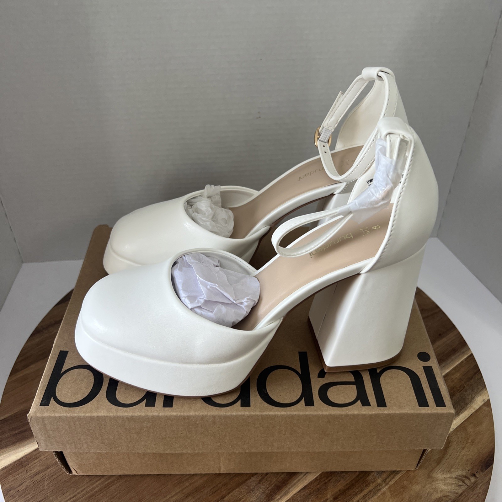 Burudani High Heels Chunky Block Platform Heels Ankle Strap Size US 8 White