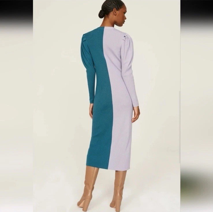 Busayo Collective Womens M Colorblock Wool Sweater Dress Midi Puff Sleeves