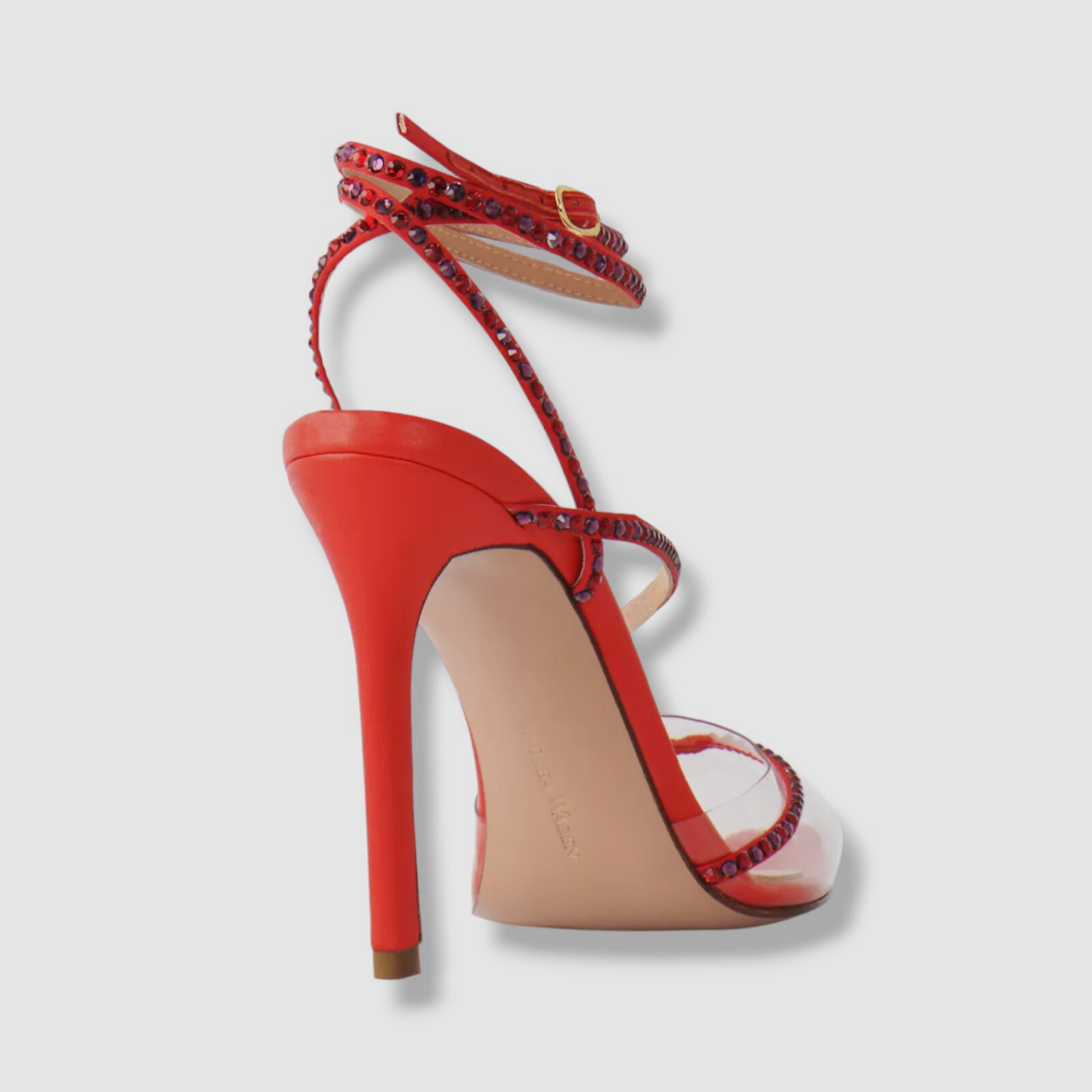 $695 Andrea Wazen Women’s Red Dassy Sunset Clear PVC Ankle Wrap Pumps Size 37