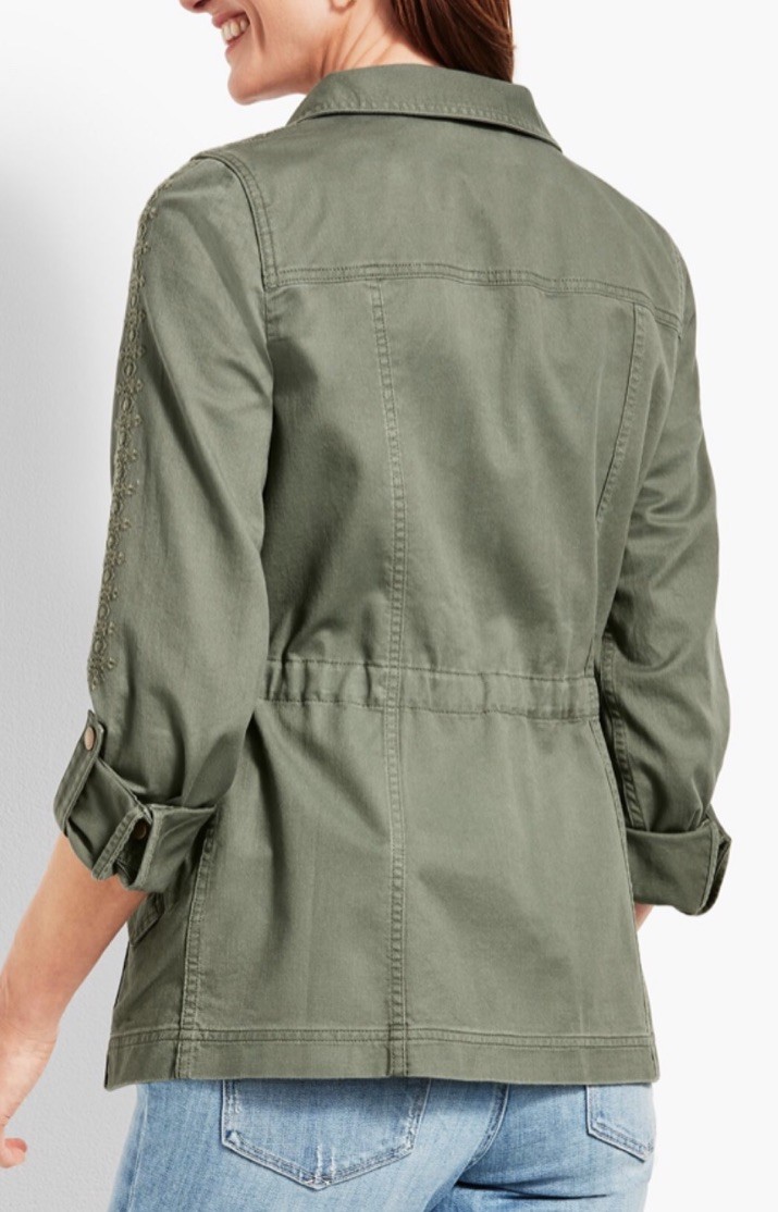 TALBOTS Embroidered Trim Cotton Safari Roll Tab Cinch Jacket Sz 2Xp