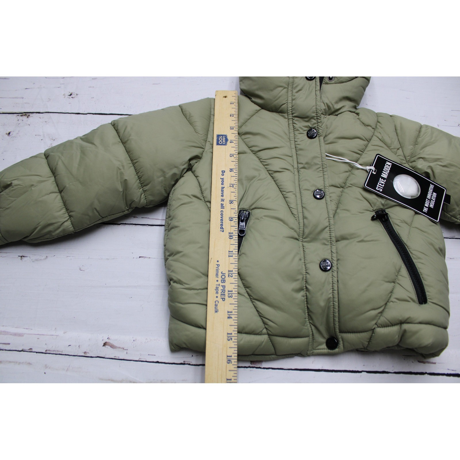 Steve Madden Kids Sage Green Hooded Puffer Jacket Faux Fur Trim Size 4 NEW