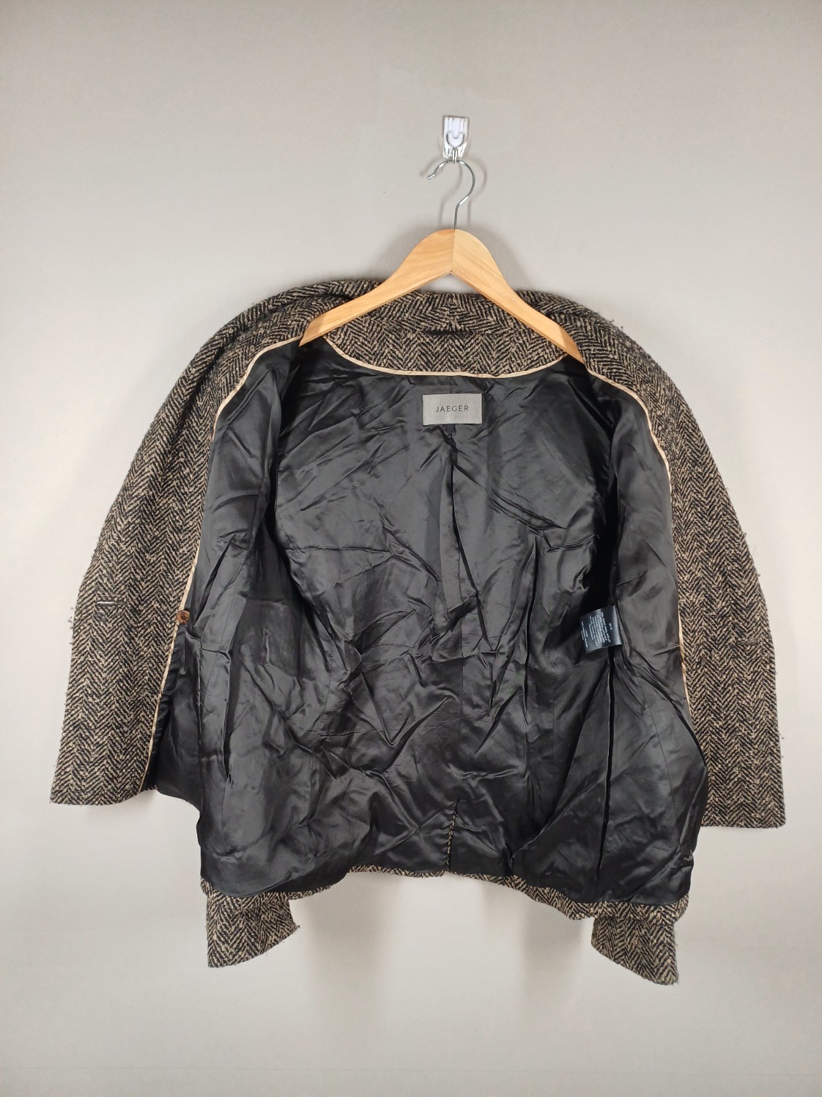 Jaeger Jacket Womens UK 12 Beige/Black Virgin Wool Cashmere Herringbone Blazer