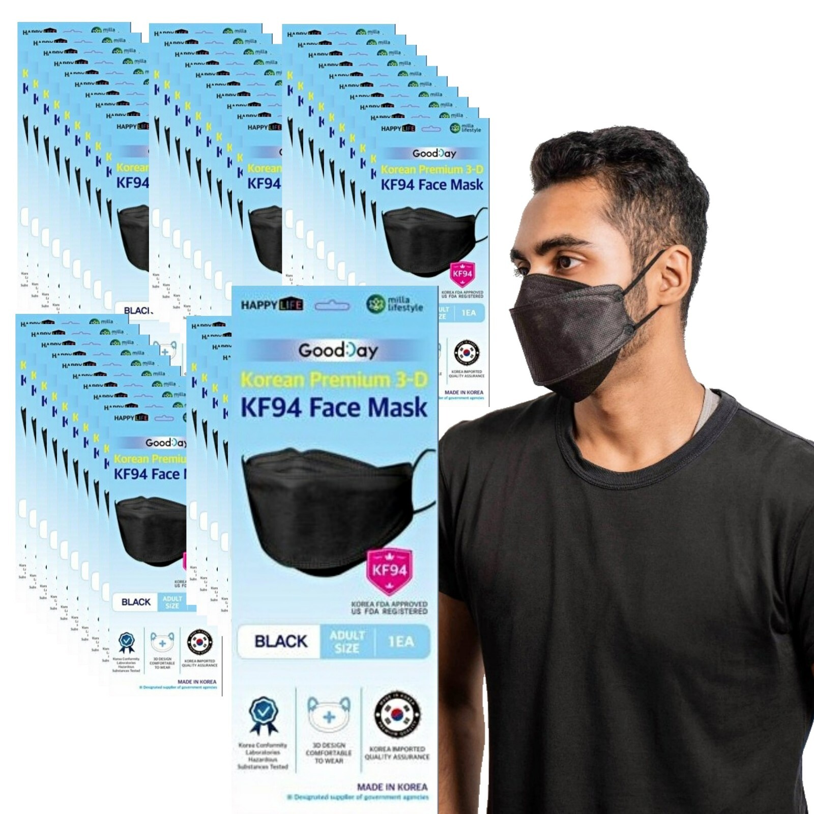 (Pack of 50) Happy Life, Good Day kf94 Black face mask Adult Size☆Made in Korea☆