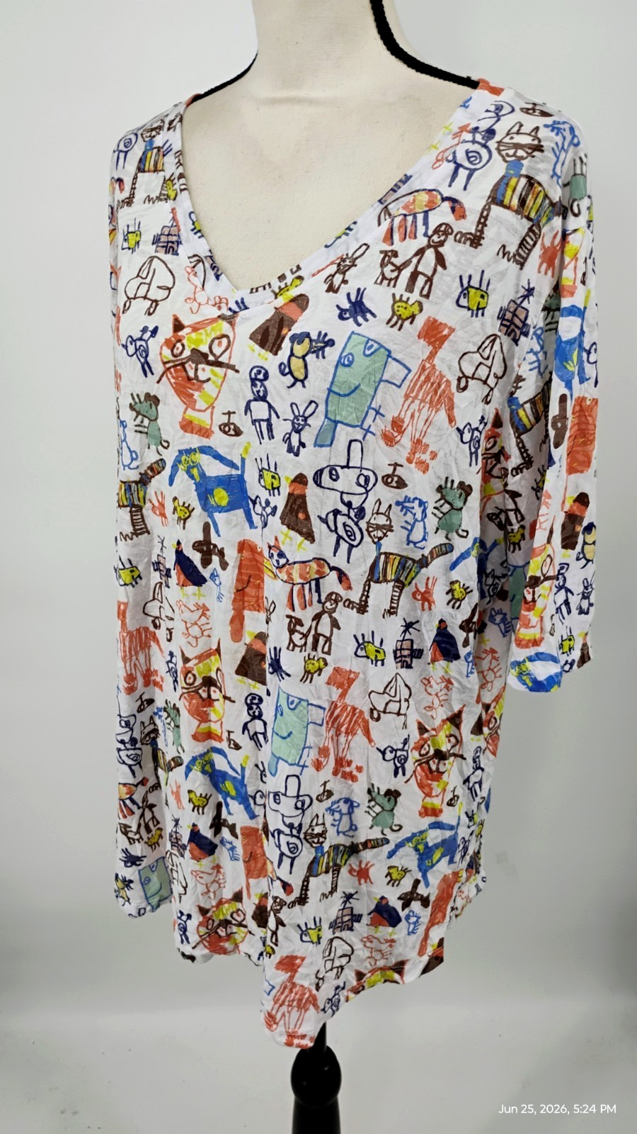 NEW Shana Cats Print Colorful Art Tunic Top V-Neck 3/4 Sleeve Size XL