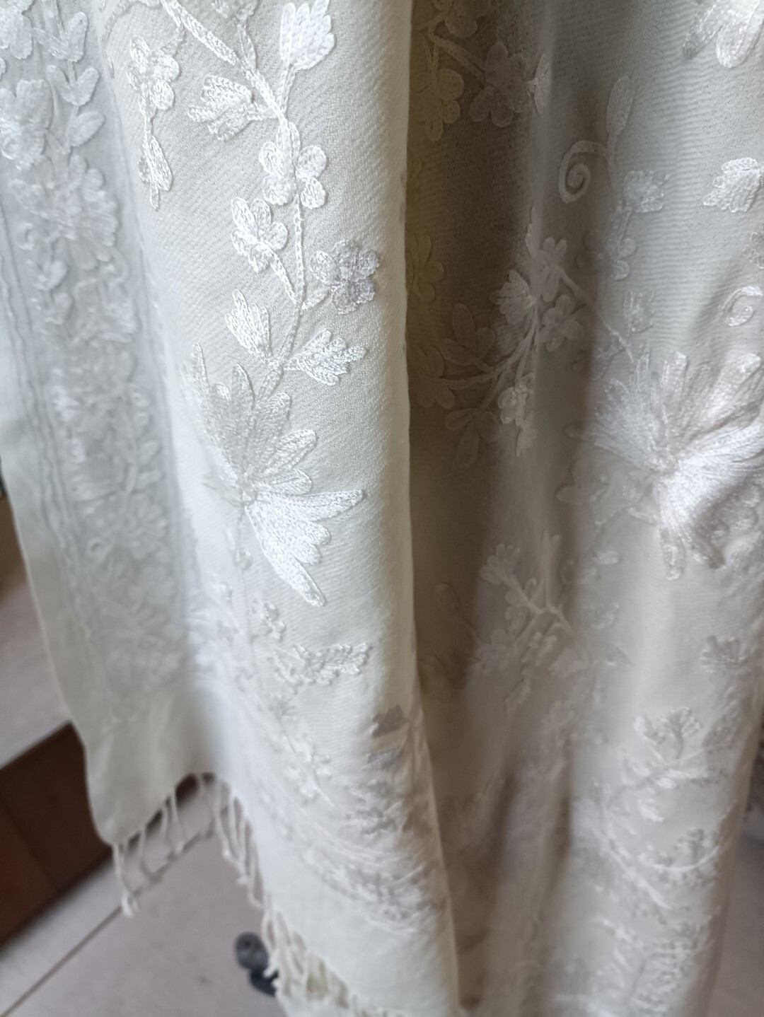 OFF-WHITE WEDDING SHAWL KASHMIR PASHMINA CREWEL EMBROIDERY 100% CASHMERE 38x78in