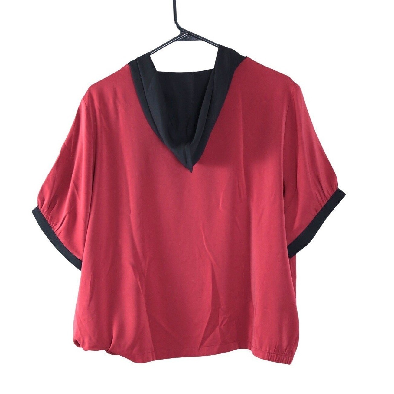Women Silk Blend Hooded Blouse Burgundy Red Black Piping Short Sleeve Top 4XL