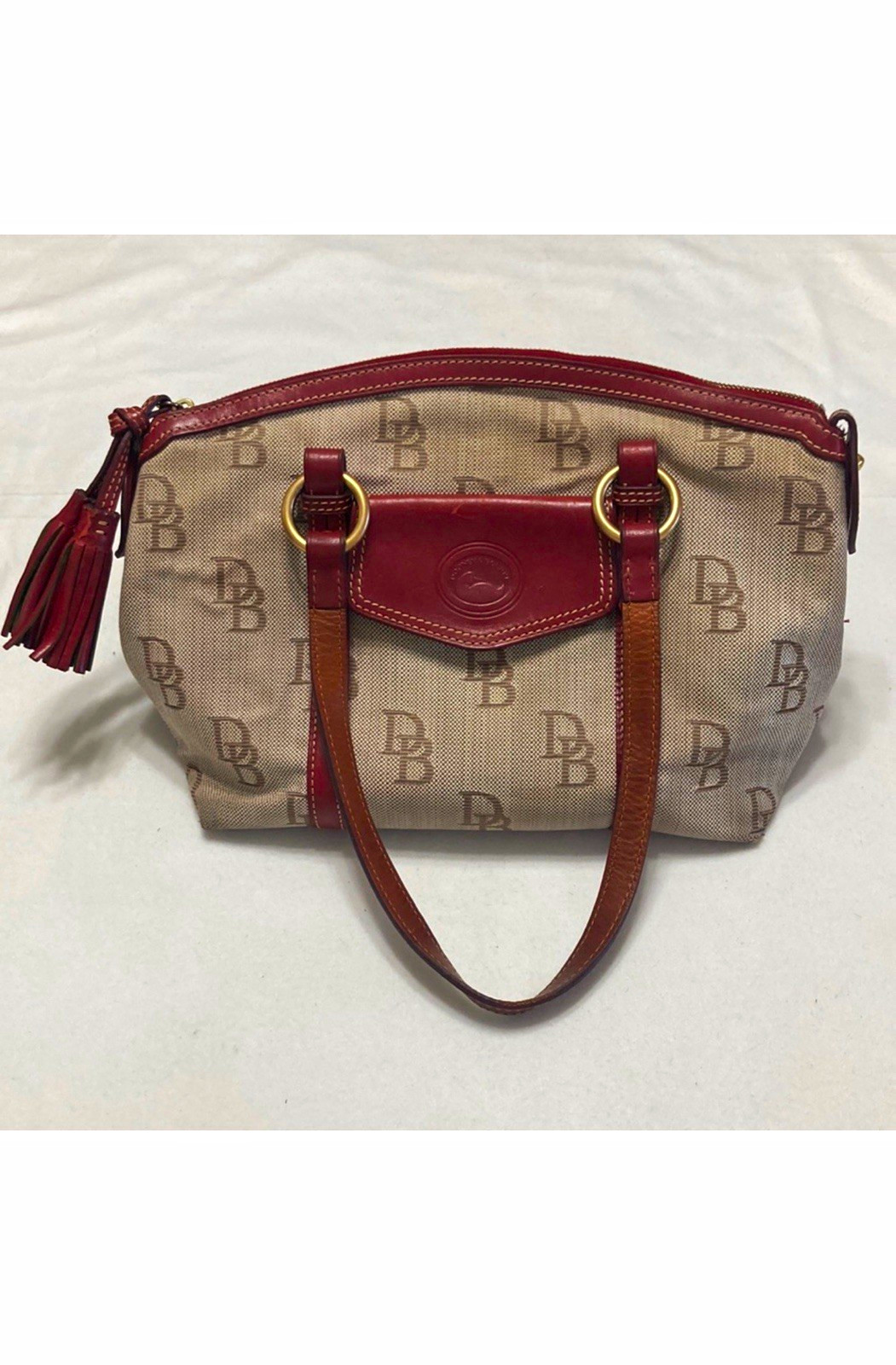 Dooney & Bourke Monogram Satchel Top Handle Zip Tassel Red Lined Gold