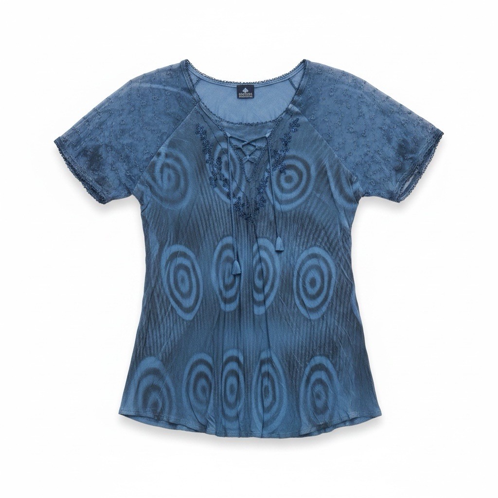 Advance Semi Sheer Blue Boho Short Sleeve Top Size Bust 39″ Length 28″