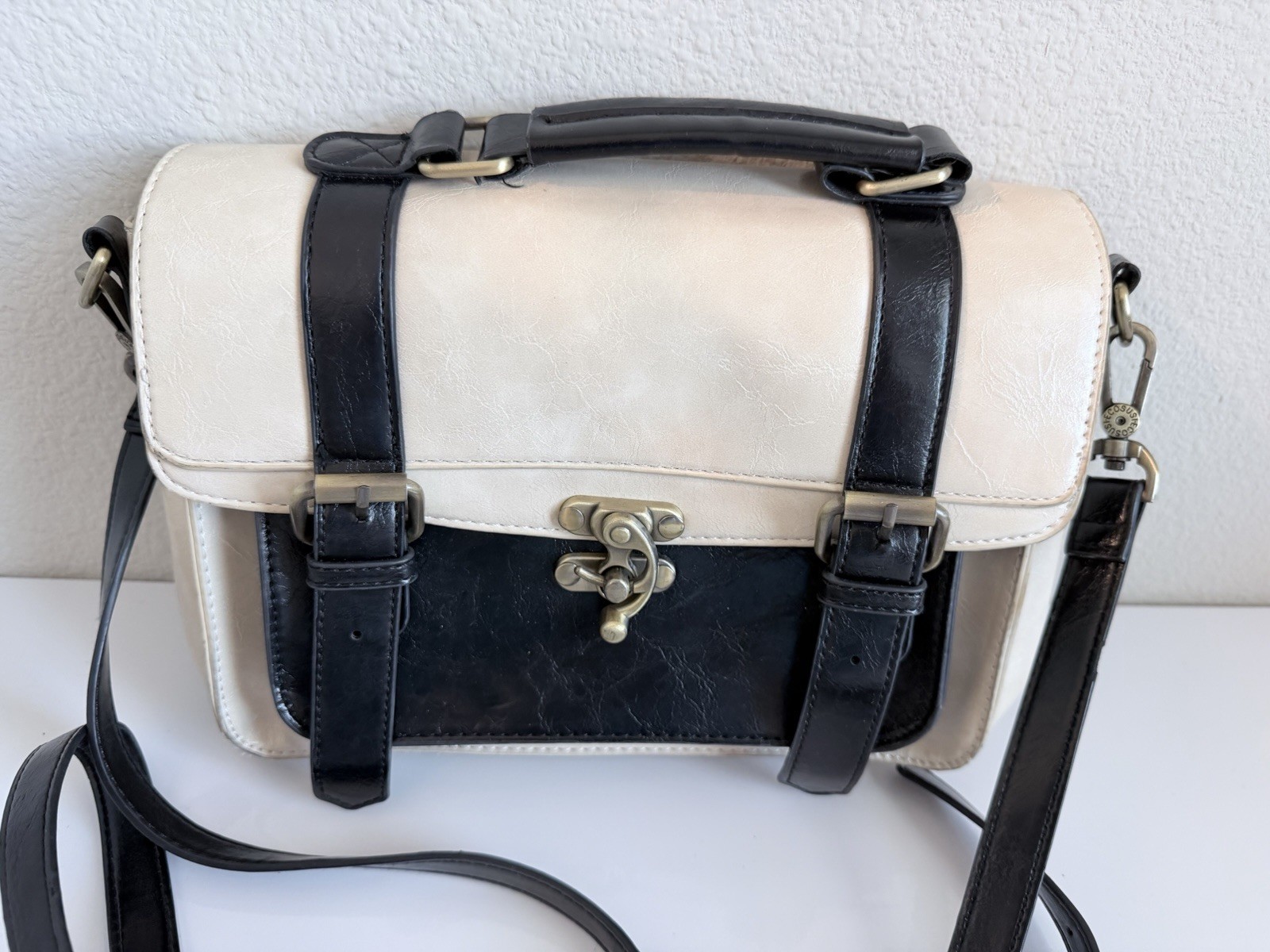 ECOSUSI Beige Black Satchel Crossbody Bag Vintage Style Top Handle Purse