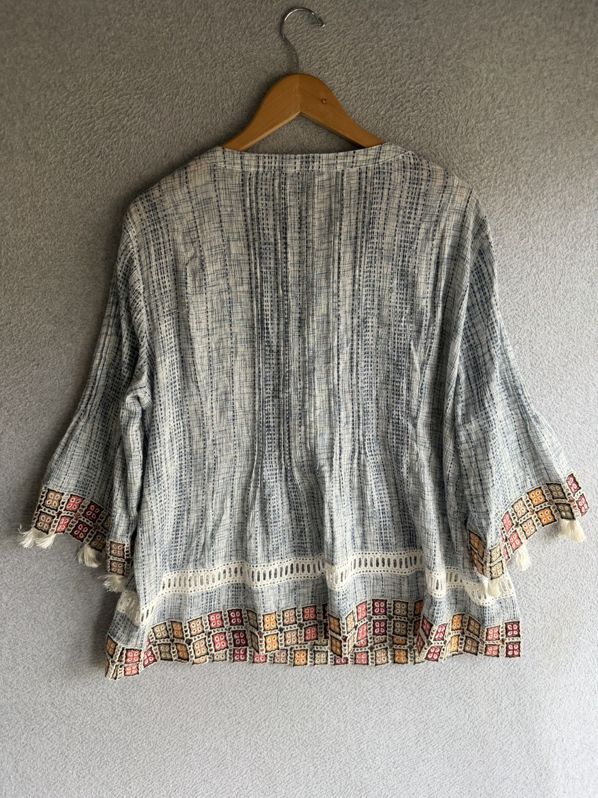 John Mark Blouse Womens Large Boho Pleated Tasseled Beach Resort