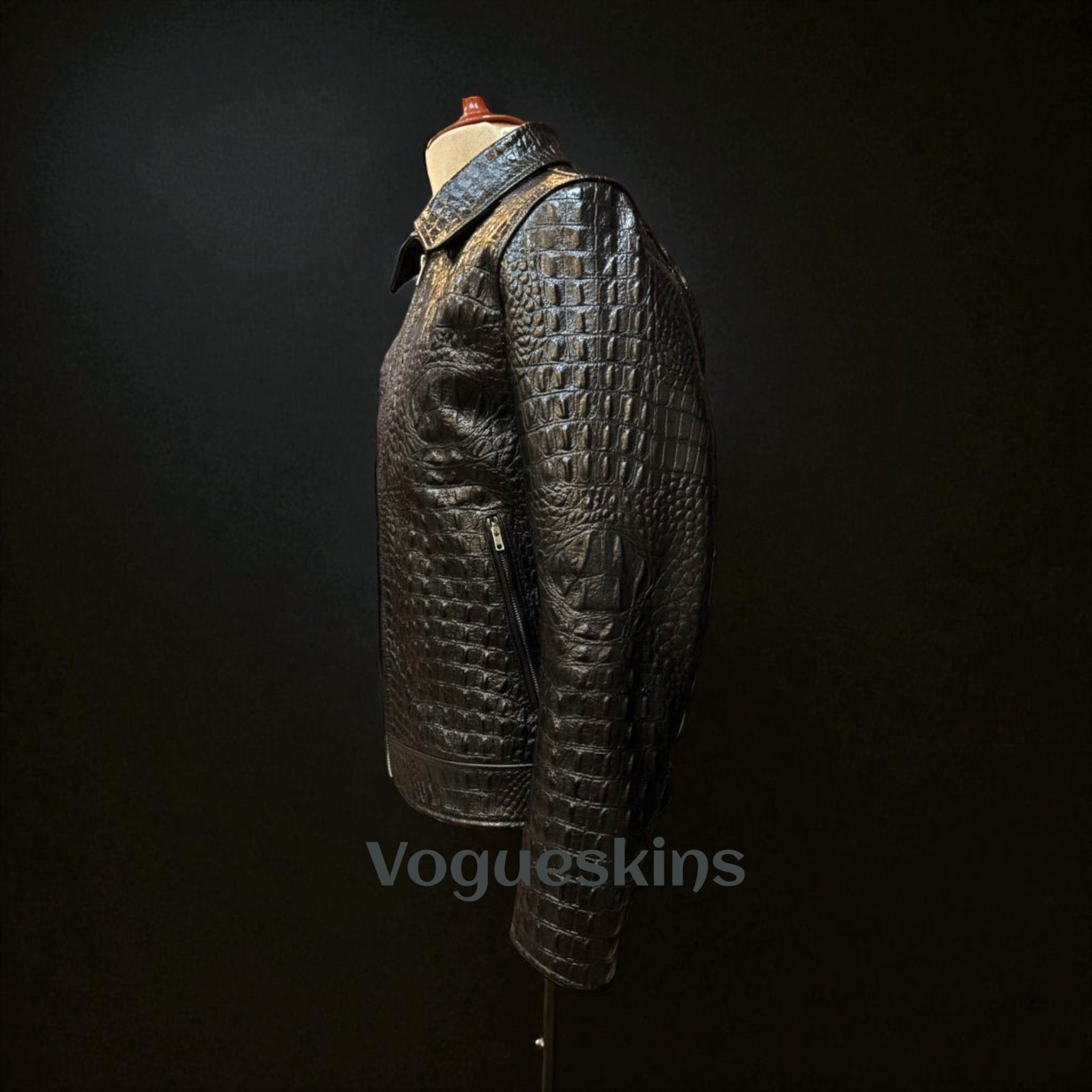 Men’s Black Leather Jacket Crocodile Embossed Pattern Alligator Leather Jacket