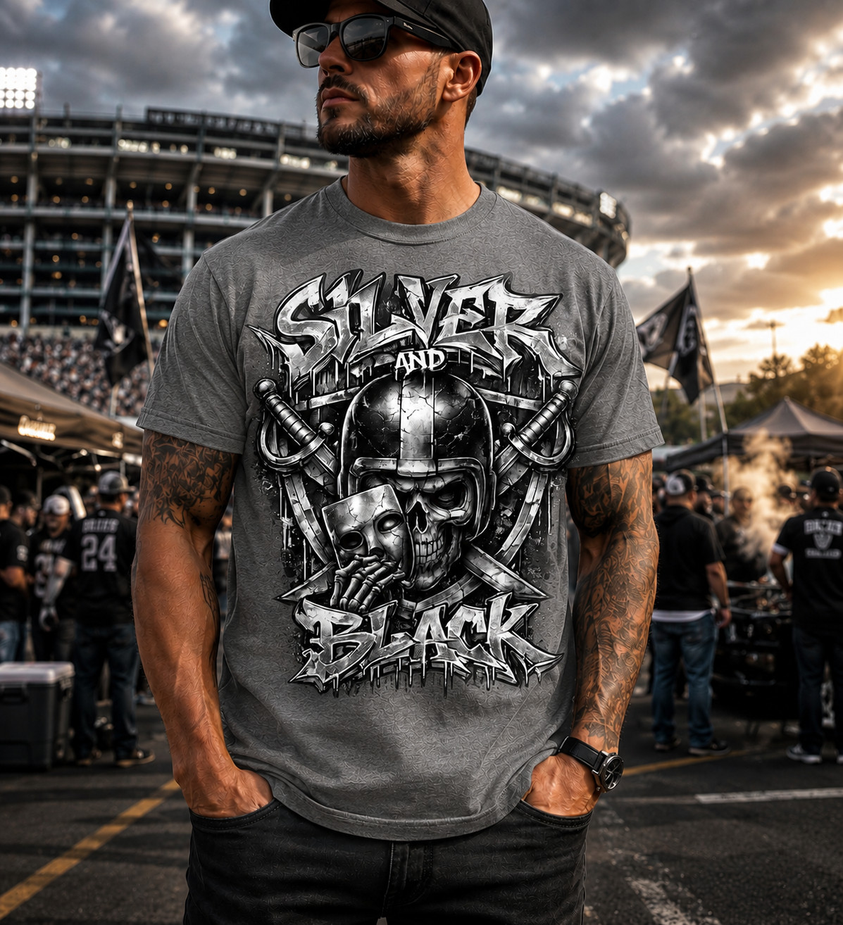 Men Raider Skull Silver & Black T Football Big & Tall Graphic Sneaker Tee Shirt