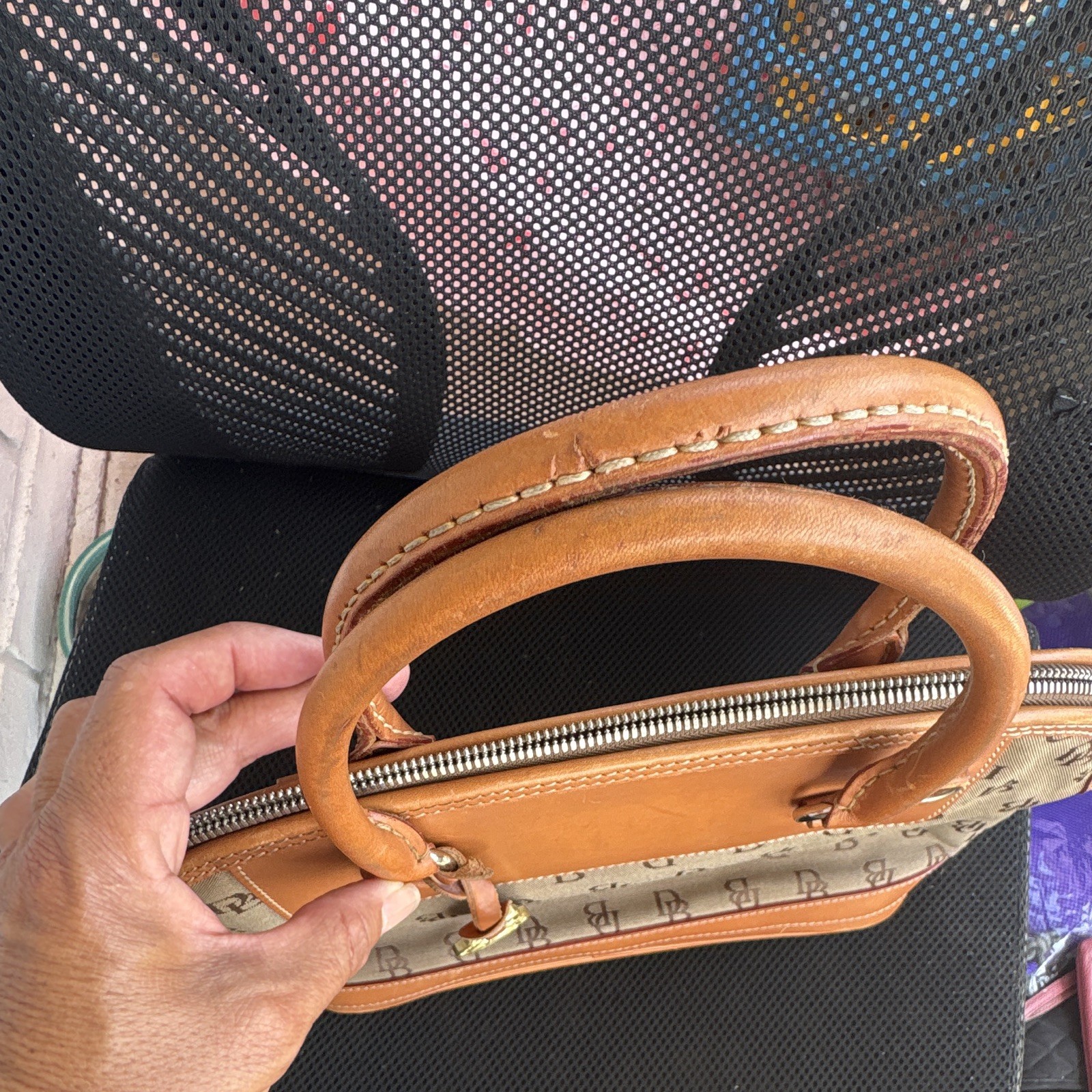 Dooney & Bourke Tan Brown Monogram Zip Satchel Top Handle, Medium, Strap