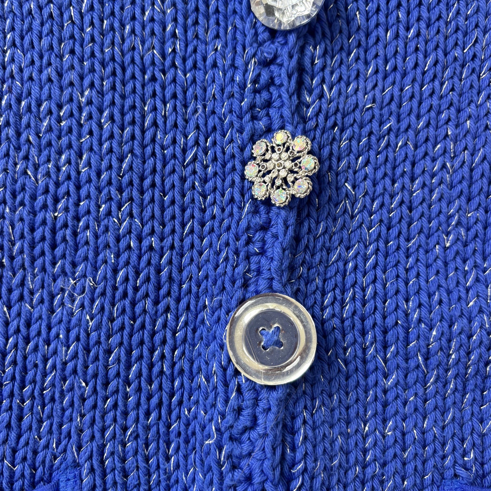 Brooch Button Handknit Womens Cotton Cardigan Size SP Blue Granny Cottagecore
