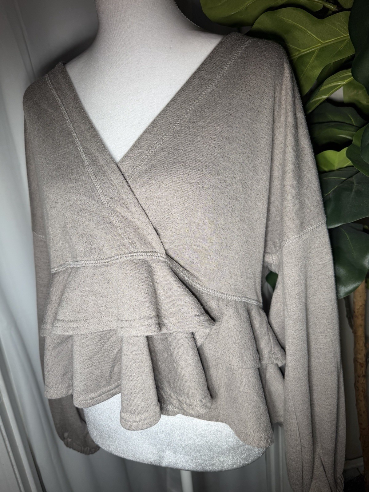 Taupe V Neckline Ruffle Blouse- Oversized Women’s Size: S