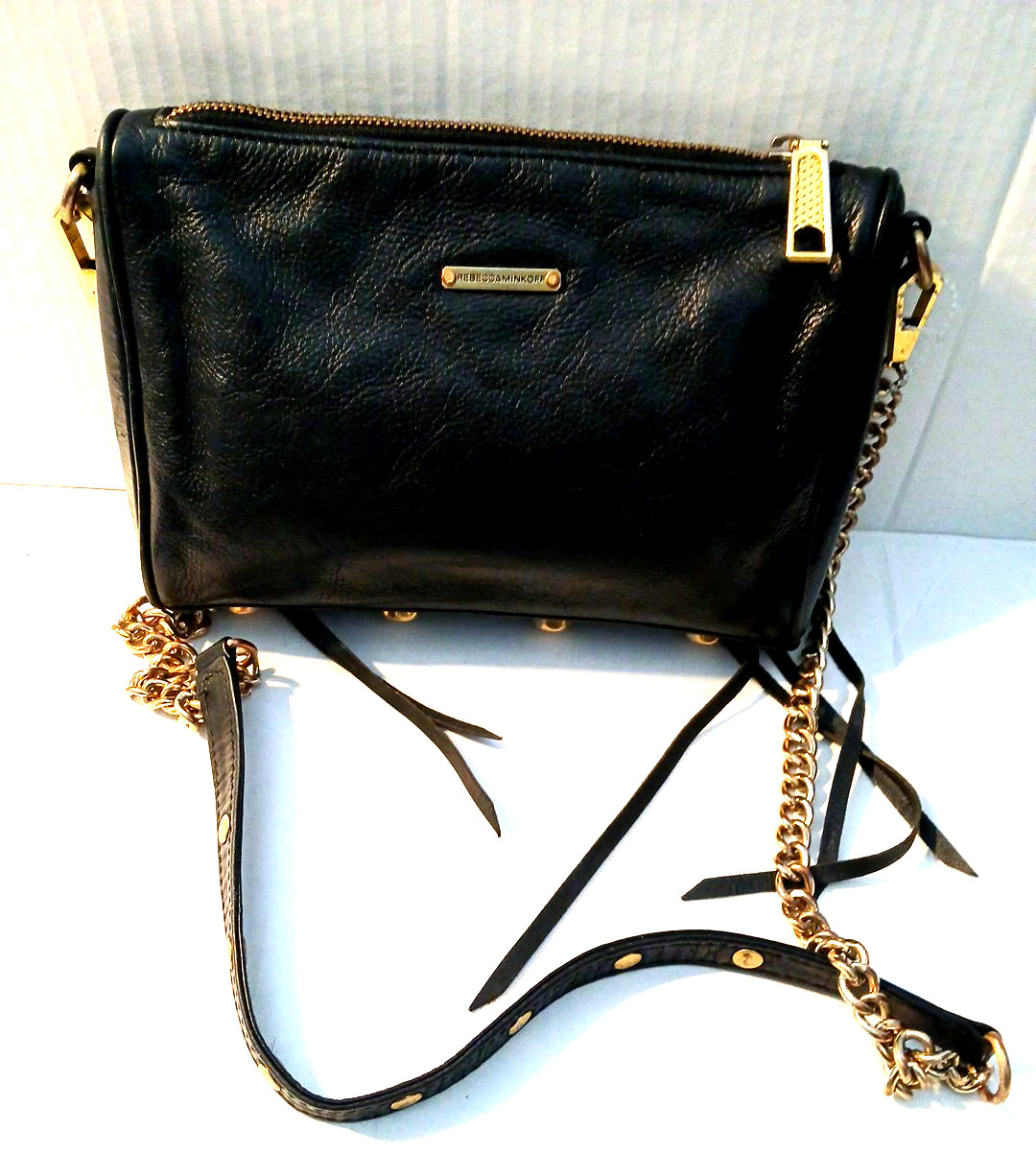 Rebecca Minkoff Black Pebbled Leather Zipper Chain Strap Fringe Crossbody Bag