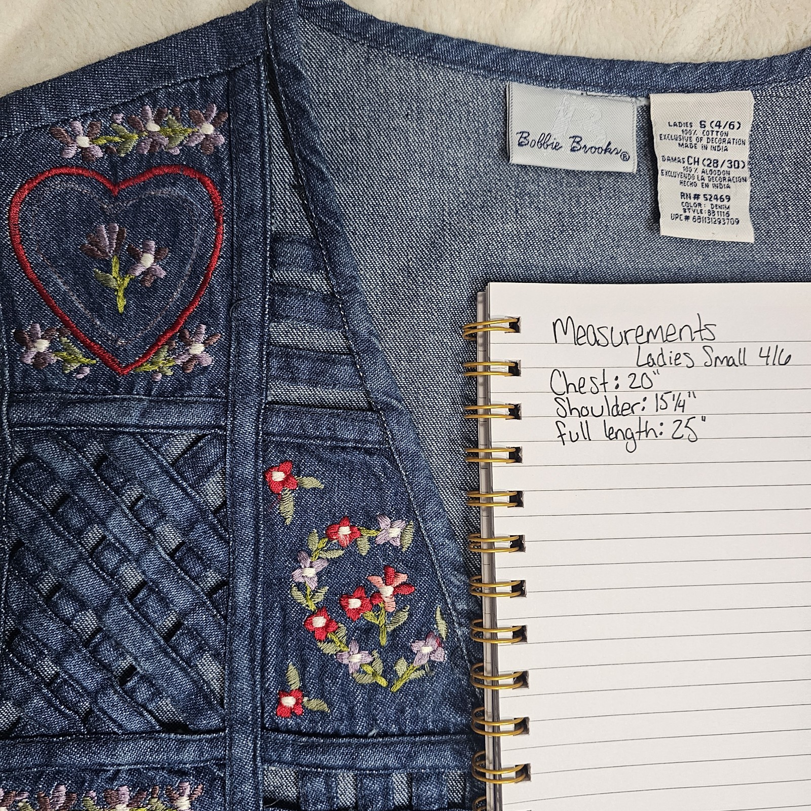 VTG 90s Bobbie Brooks Patchwork Denim Lattice Embroidered Floral Heart Vest Sm