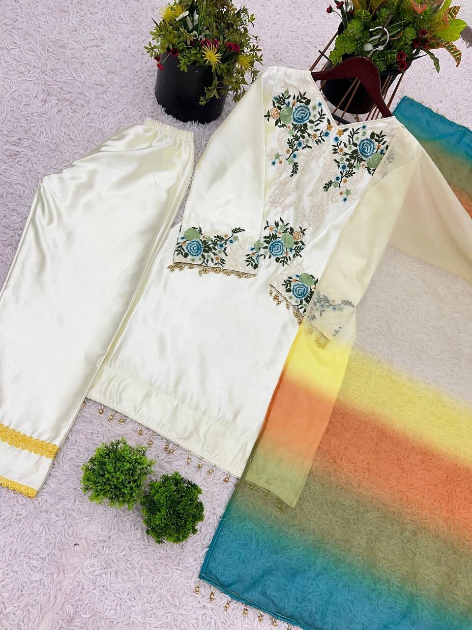 Off White Moss Satin Embroidered Top & Farsi Pant Suit , Stitched Sizes M-XXL